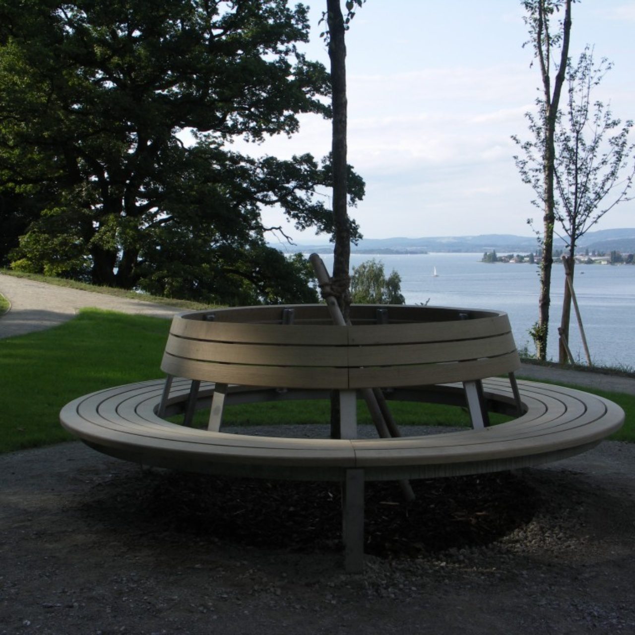 Round bench made of oak wood
